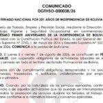 Gobierno confirma feriado de dos días por el aniversario 201 de la Independencia de Bolivia